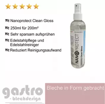 Flasche Clean Gloss 250 ml Edelstahlpflege vor glänzender Edelstahloberfläche